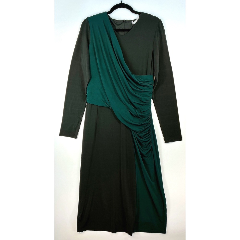 Hugo Boss Eretha Black Green Colorblock Dress Sz XL Ruched Long Sleeve Cocktail